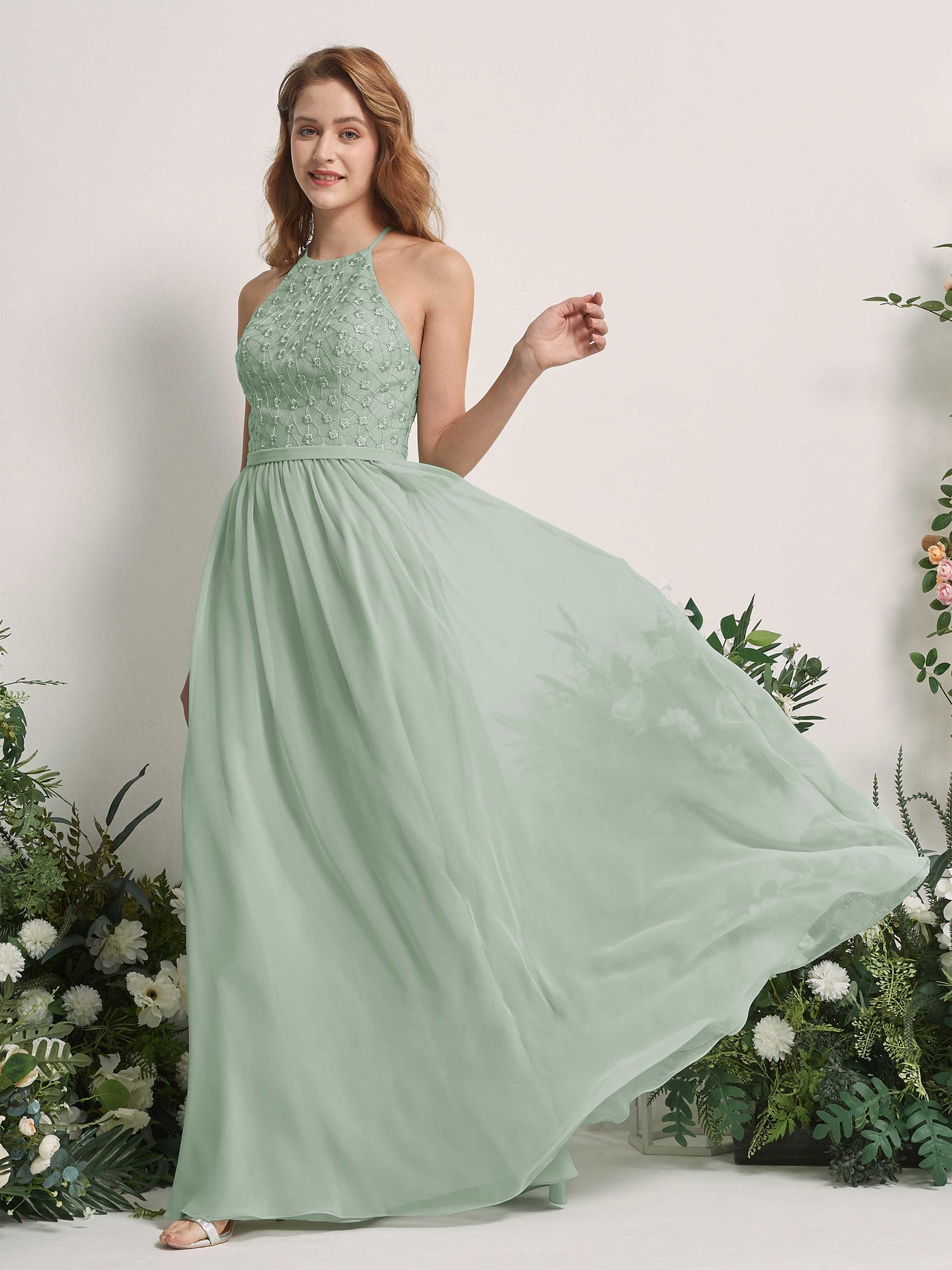 Sage Green Bridesmaid Dresses A-line Halter Sleeveless Chiffon Dresses (83220805)#color_sage-green