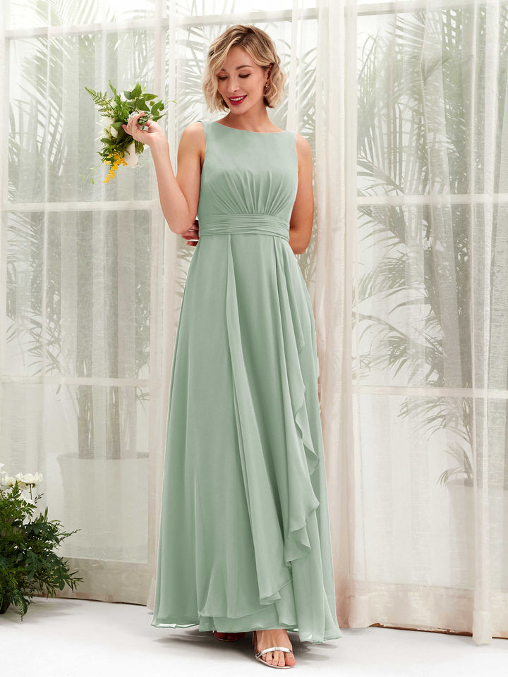 Carlyna Brianna A-Line Sage Green Bridesmaid Dress Maxi Sleeveless Boat Neck Dress 