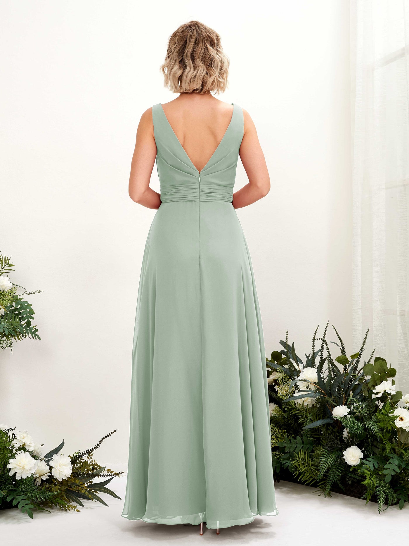 Carlyna Brianna A-Line Sage Green Bridesmaid Dress Maxi Sleeveless Boat Neck Dress #color_sage-green