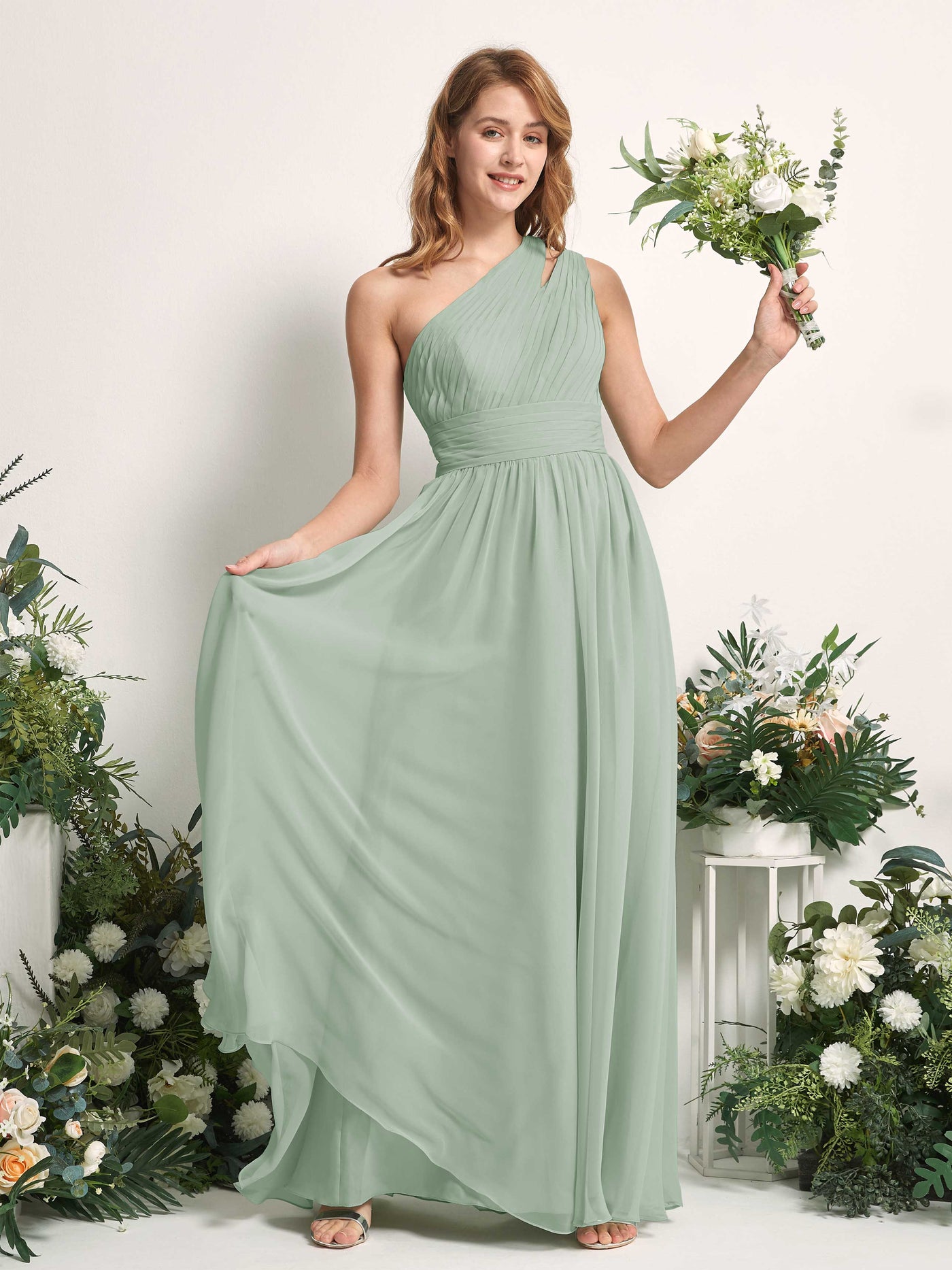 Carlyna Evelyn A-Line Sage Green Bridesmaid Dress Maxi Sleeveless One Shoulder Dress #color_sage-green