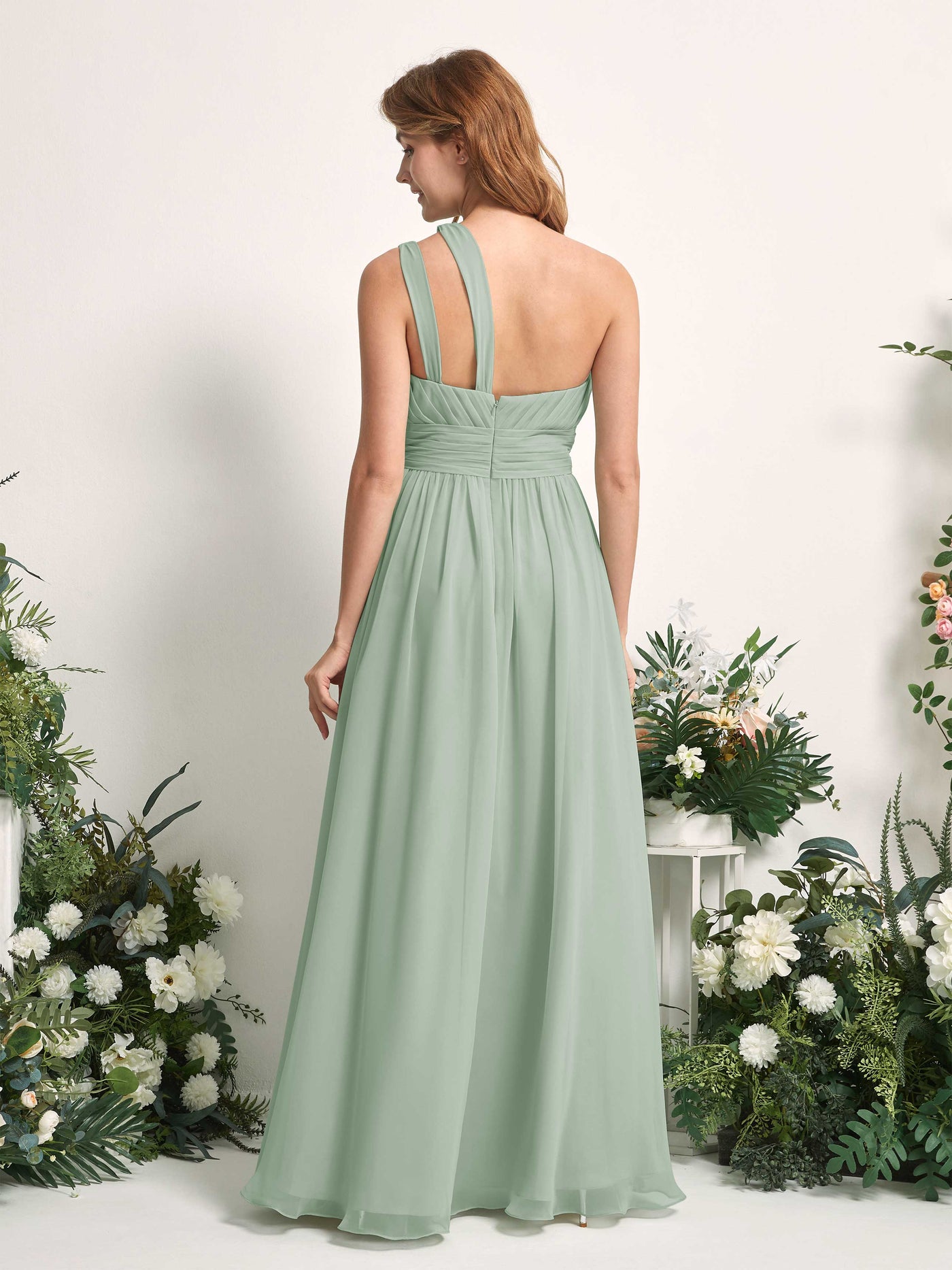 Carlyna Evelyn A-Line Sage Green Bridesmaid Dress Maxi Sleeveless One Shoulder Dress #color_sage-green