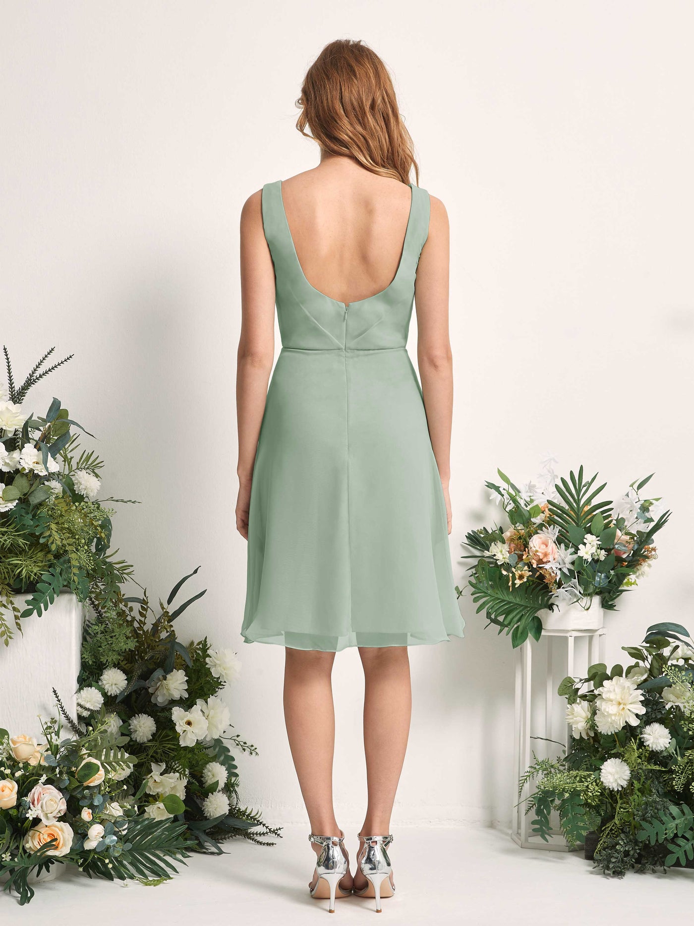 Bridesmaid Dress A-line Chiffon Straps Knee Length Sleeveless Wedding Party Dress - Sage Green (81226605)#color_sage-green