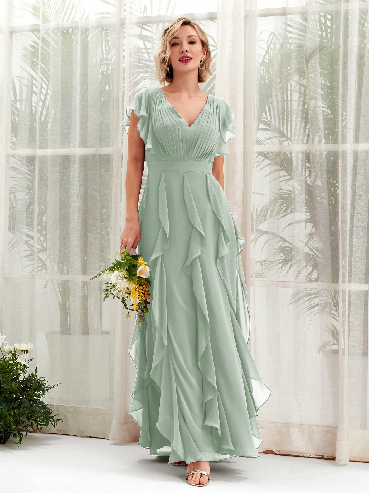 Carlyna Cynthia A-Line Sage Green Bridesmaid Dress Maxi Cap Sleeve V-Neck Dress #color_sage-green