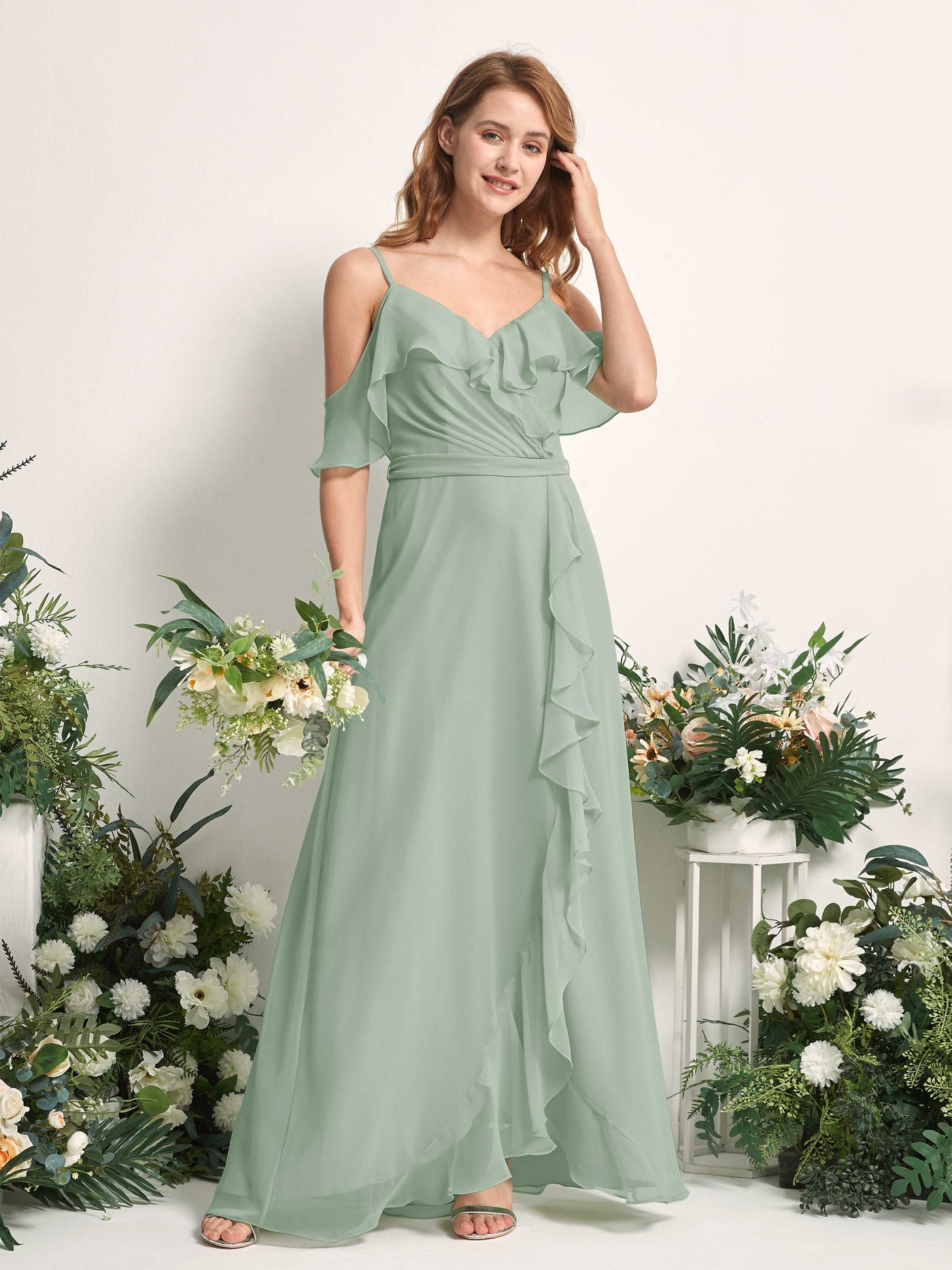 Carlyna Yvette A-Line Sage Green Bridesmaid Dress Maxi Sleeveless V-Neck Dress #color_sage-green