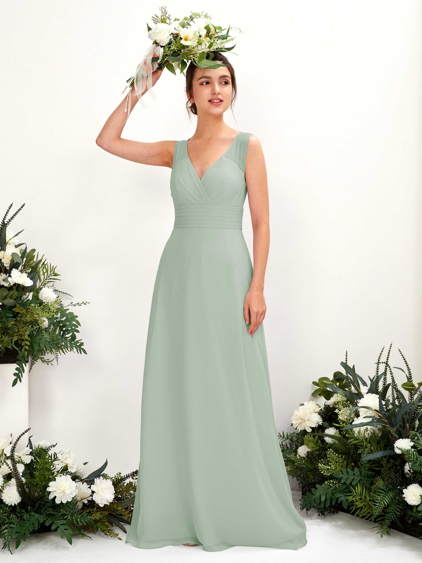 Carlyna Karen A-Line Sage Green Bridesmaid Dress Maxi Sleeveless V-Neck Dress #color_sage-green