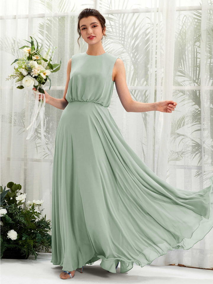 Round Sleeveless Chiffon Bridesmaid Dress - Sage Green (81222805)
