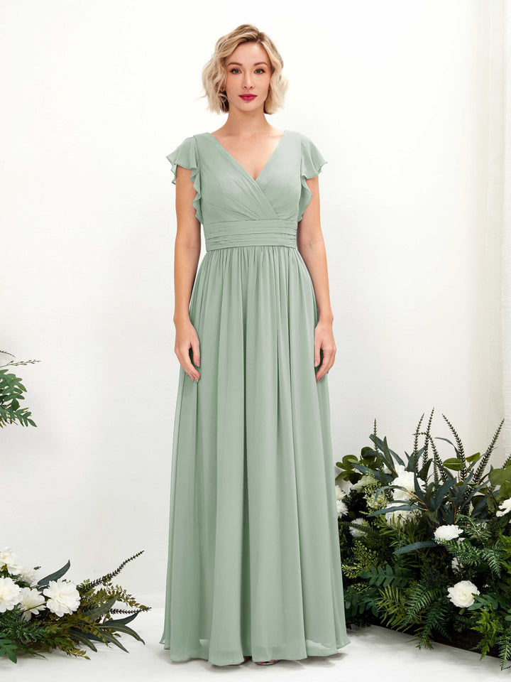 Carlyna Grino A-Line Sage Green Bridesmaid Dress Maxi Cap Sleeve V-Neck Dress 