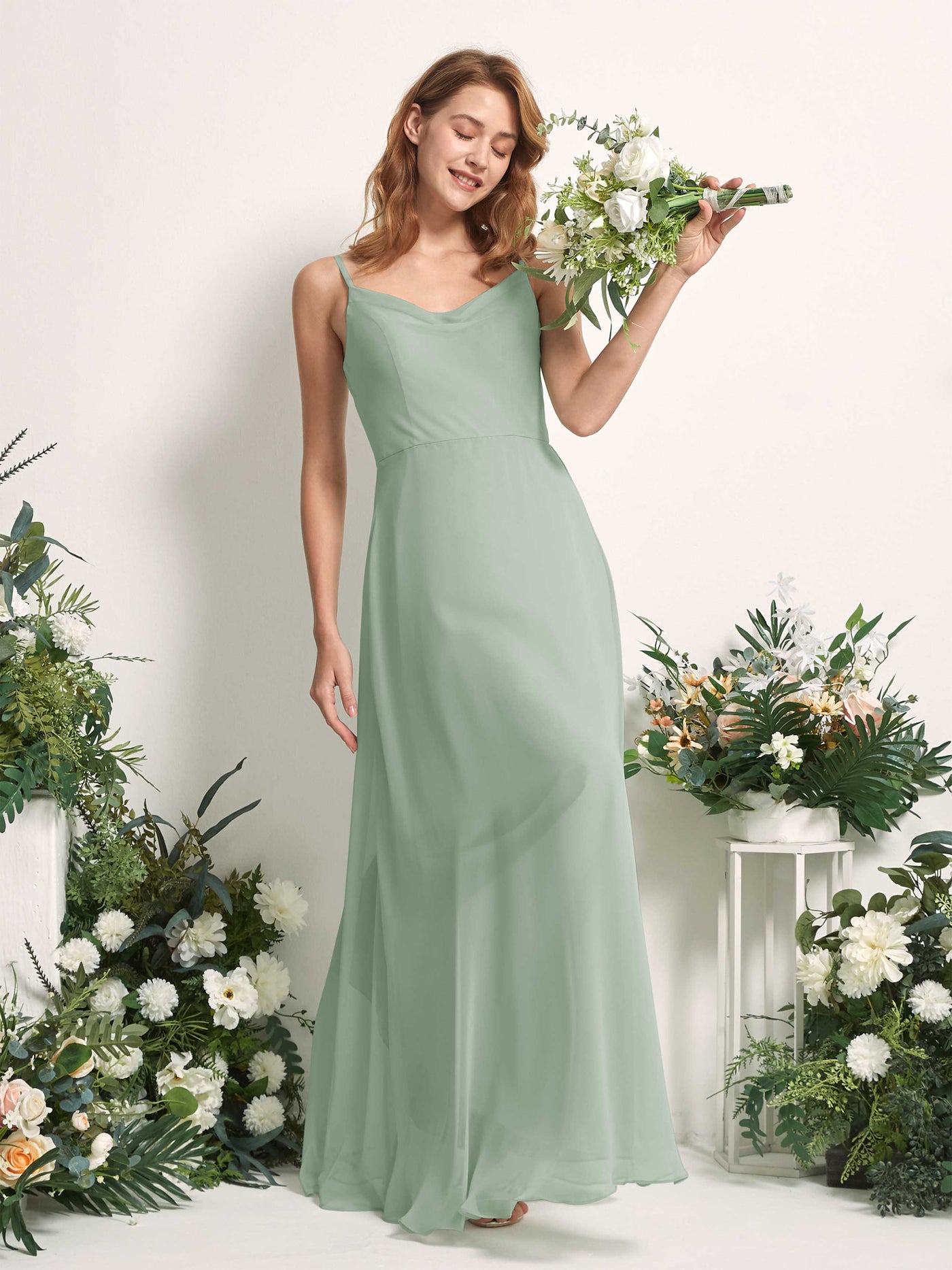 Bridesmaid Dress A-line Chiffon Spaghetti-straps Full Length Sleeveless Wedding Party Dress - Sage Green (81227205)#color_sage-green