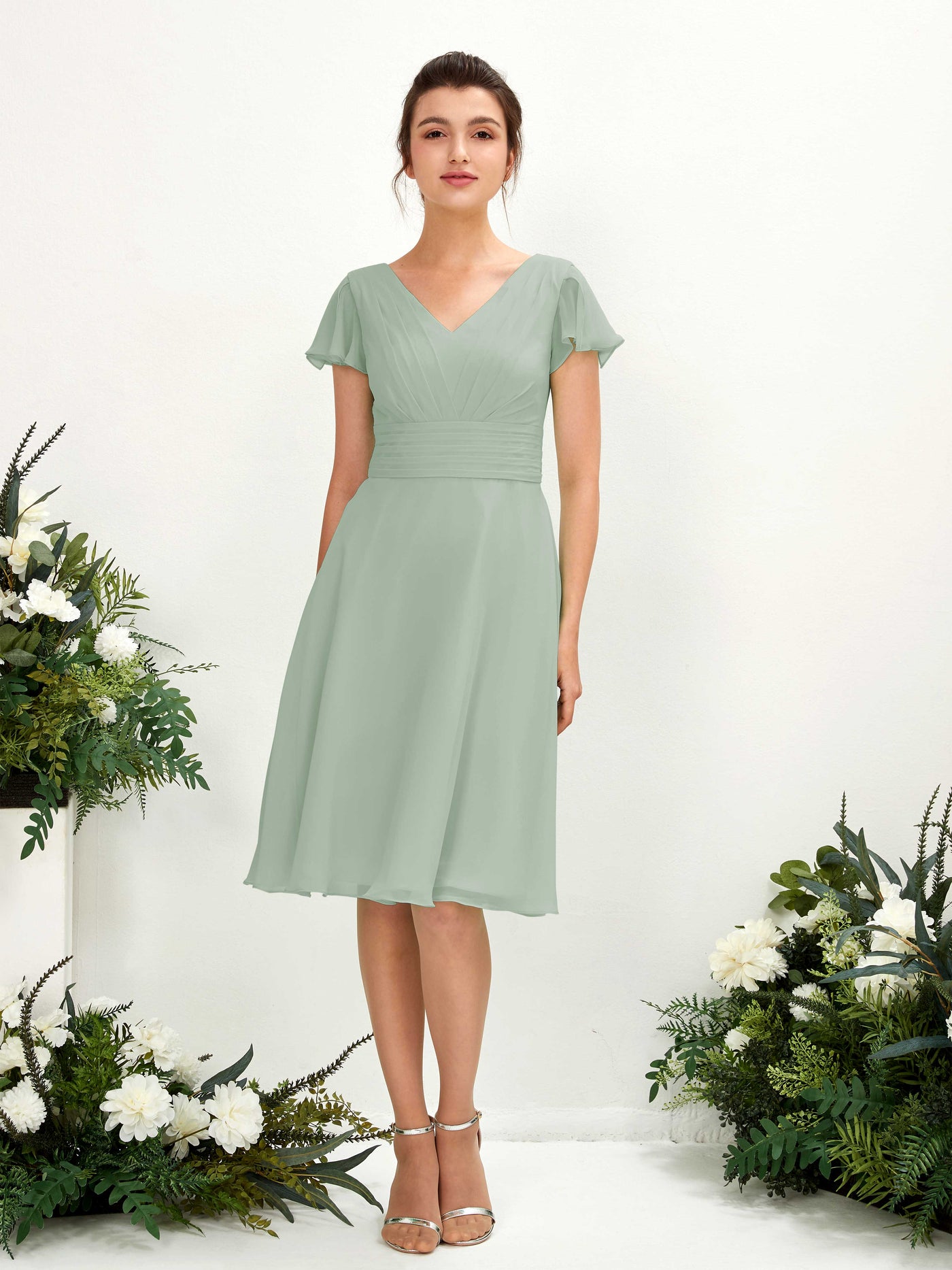 Carlyna Betty A-Line Sage Green Bridesmaid Dress Knee-Length Short Sleeve V-Neck Dress #color_sage-green