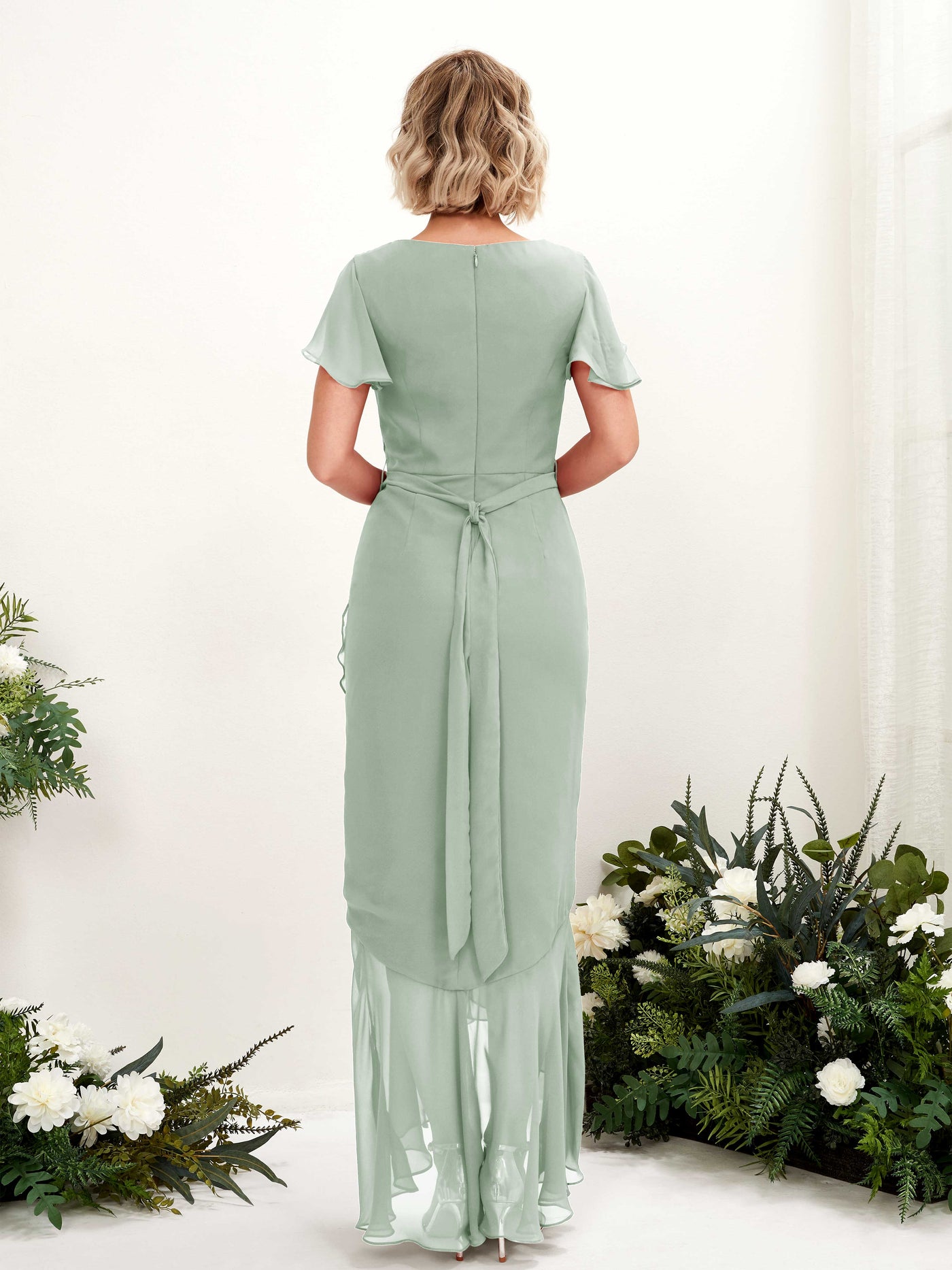 Carlyna Eartha Mermaid Sage Green Bridesmaid Dress Maxi Cap Sleeve V-Neck Dress #color_sage-green