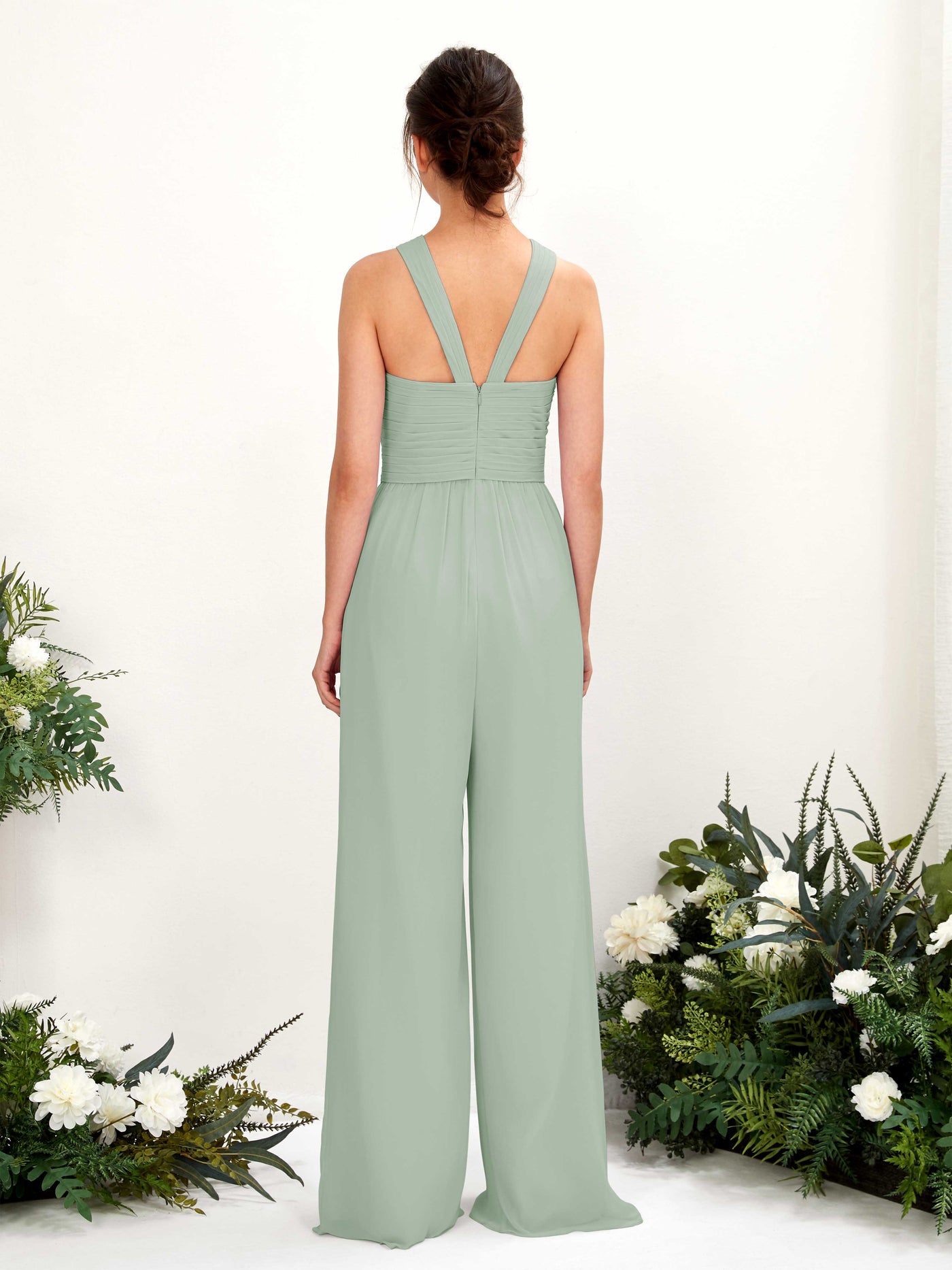 V-neck Sleeveless Chiffon Bridesmaid Dress Wide-Leg Jumpsuit - Sage Green (81220705)#color_sage-green