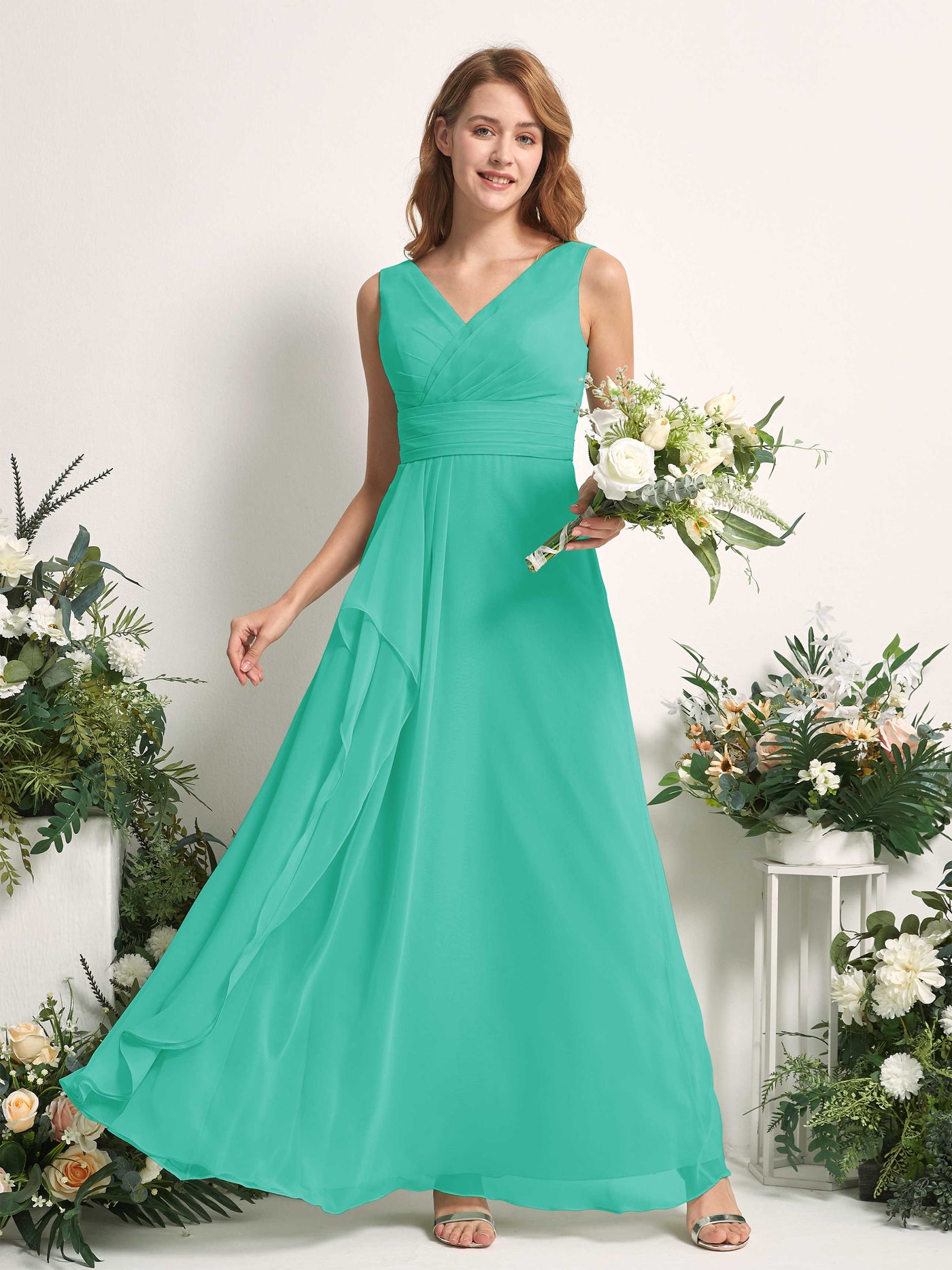 Carlyna Mollie A-Line Tiffany Bridesmaid Dress Maxi Sleeveless V-Neck Dress #color_tiffany