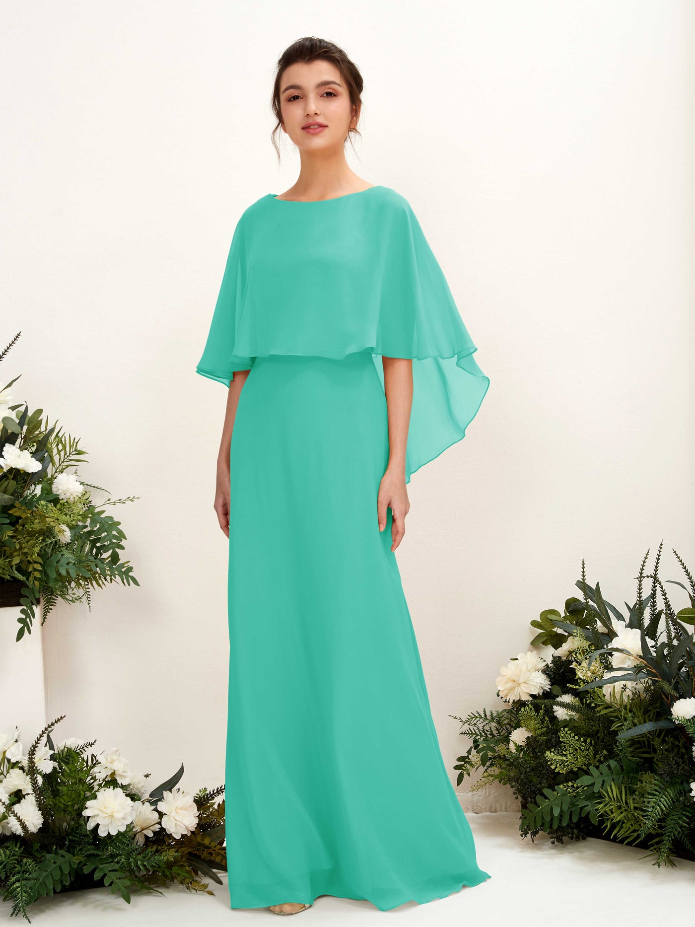 Carlyna Savin Sheath Tiffany Bridesmaid Dress Maxi Cap Sleeve Boat Neck Dress #color_tiffany