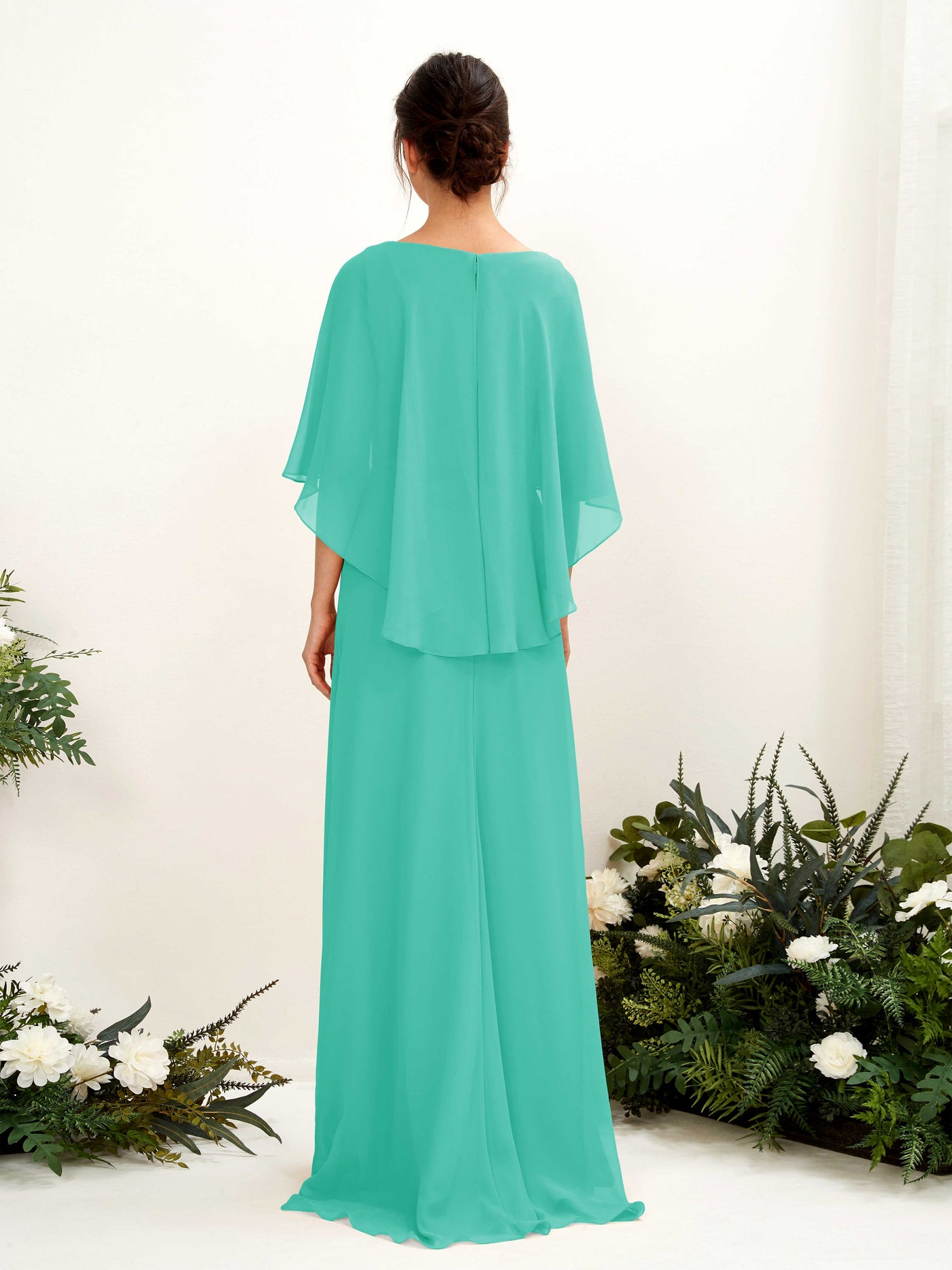 Carlyna Savin Sheath Tiffany Bridesmaid Dress Maxi Cap Sleeve Boat Neck Dress #color_tiffany