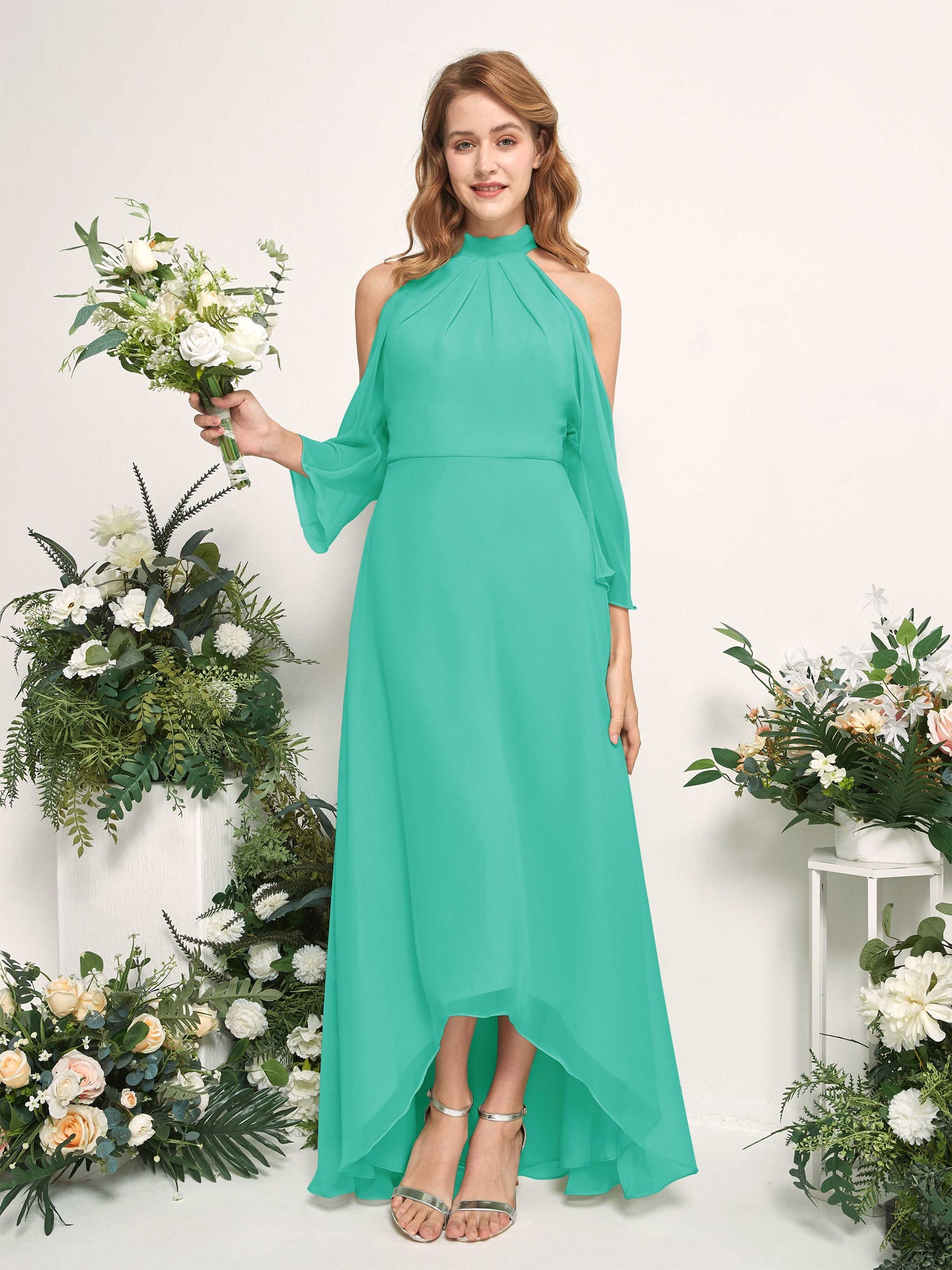 Bridesmaid Dress A-line Chiffon Halter High Low 3/4 Sleeves Wedding Party Dress - Tiffany (81227632)#color_tiffany