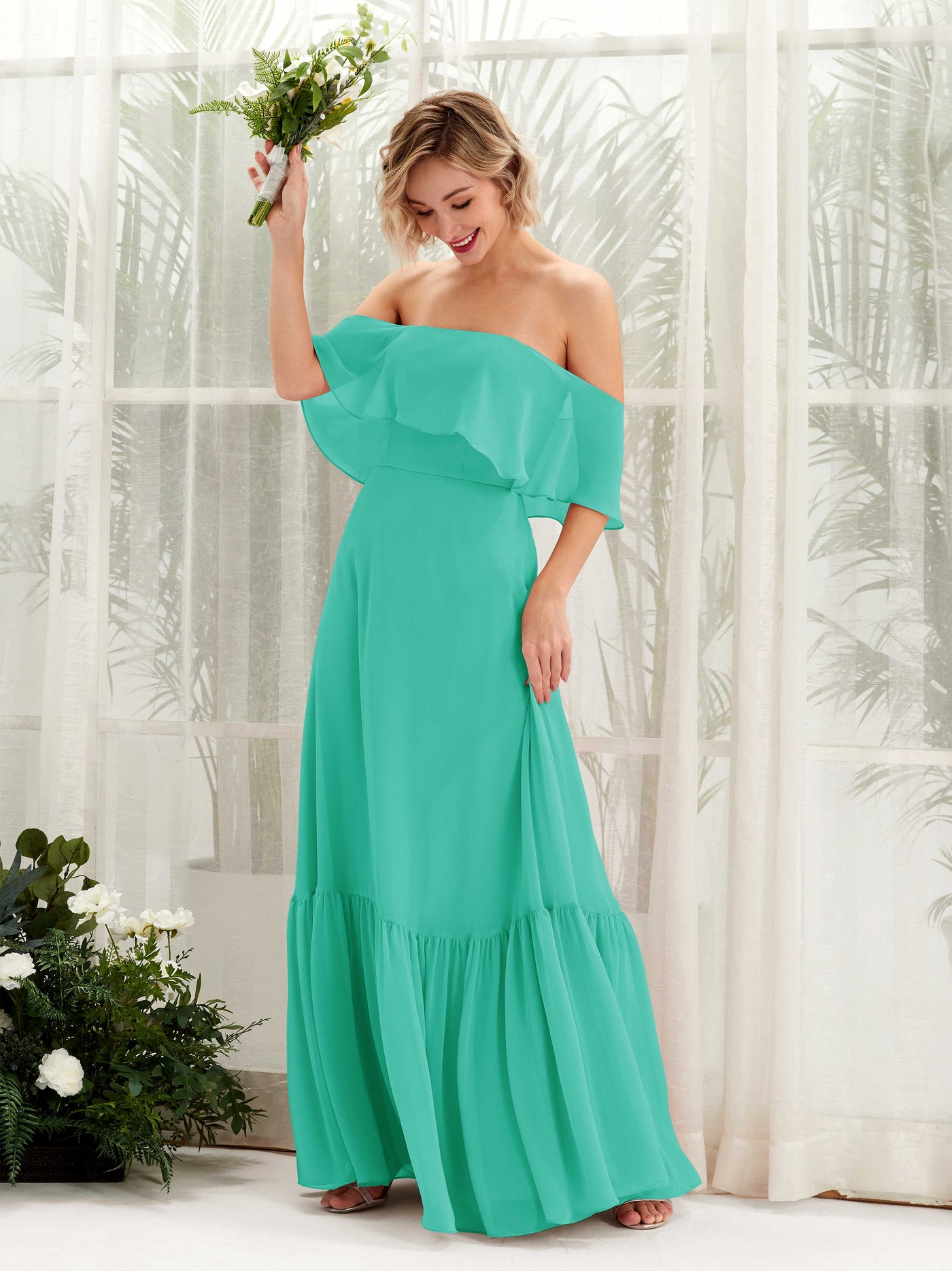 A-line Off Shoulder Chiffon Bridesmaid Dress - Tiffany (81224532)#color_tiffany