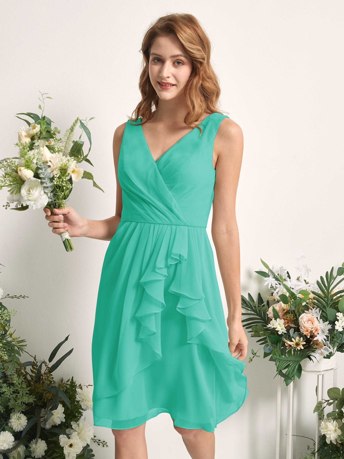 Bridesmaid Dress A-line Chiffon Straps Knee Length Sleeveless Wedding Party Dress - Tiffany (81226632)#color_tiffany