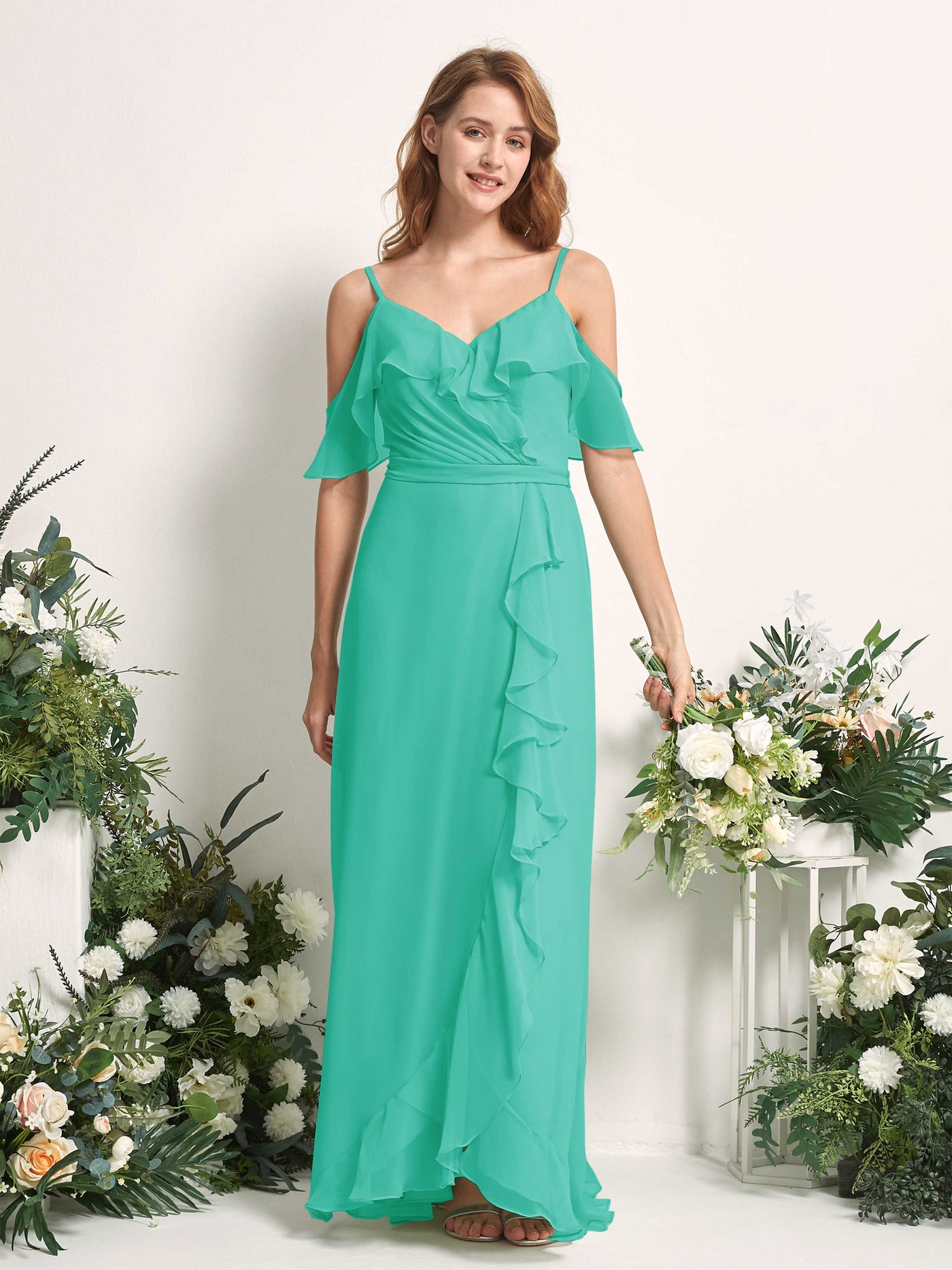 Carlyna Yvette A-Line Tiffany Bridesmaid Dress Maxi Sleeveless V-Neck Dress #color_tiffany