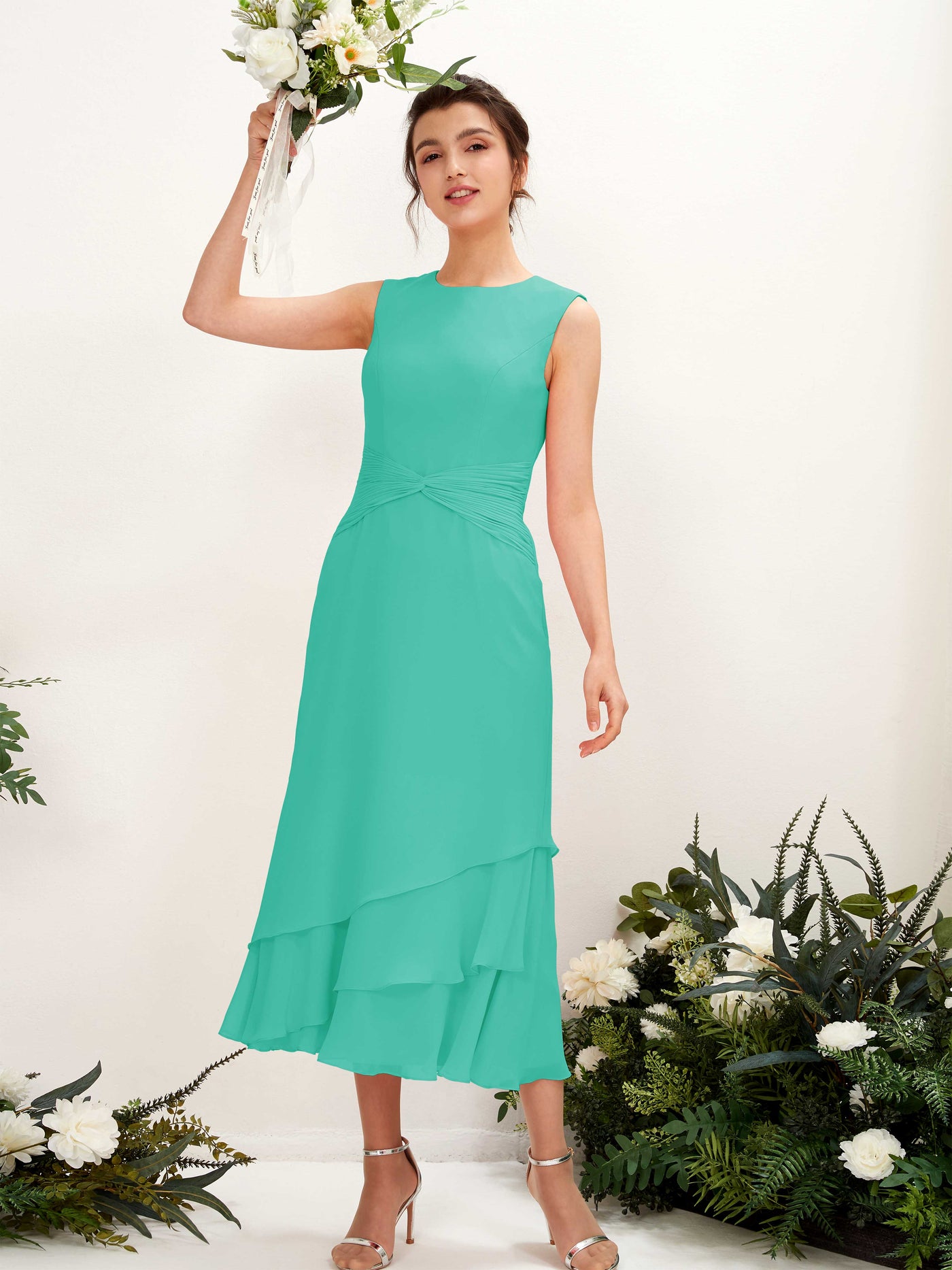 Mermaid/Trumpet Round Sleeveless Chiffon Bridesmaid Dress - Tiffany (81221932)#color_tiffany