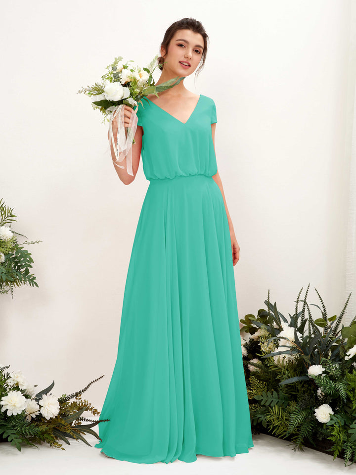 Carlyna Pauline A-Line Tiffany Bridesmaid Dress Maxi Cap Sleeve V-Neck Dress 