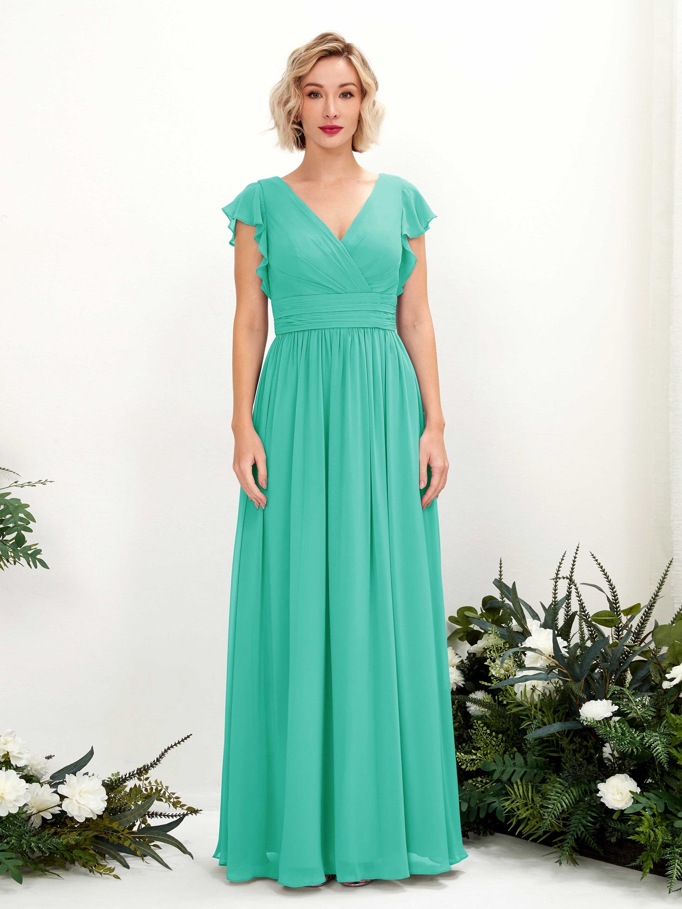 Carlyna Grino A-Line Tiffany Bridesmaid Dress Maxi Cap Sleeve V-Neck Dress #color_tiffany