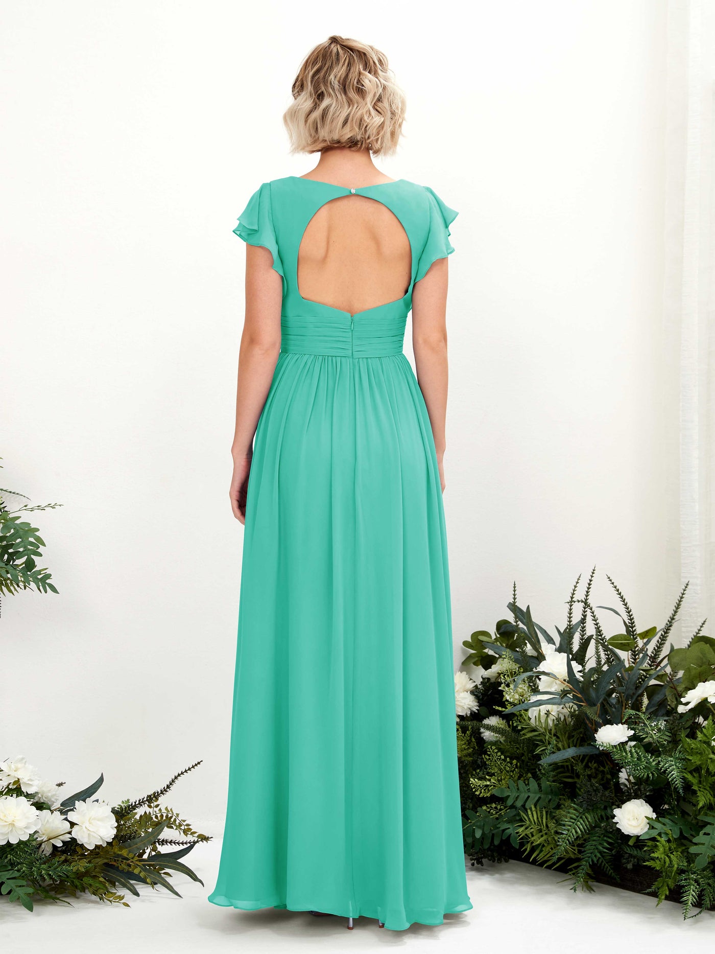 Carlyna Grino A-Line Tiffany Bridesmaid Dress Maxi Cap Sleeve V-Neck Dress #color_tiffany