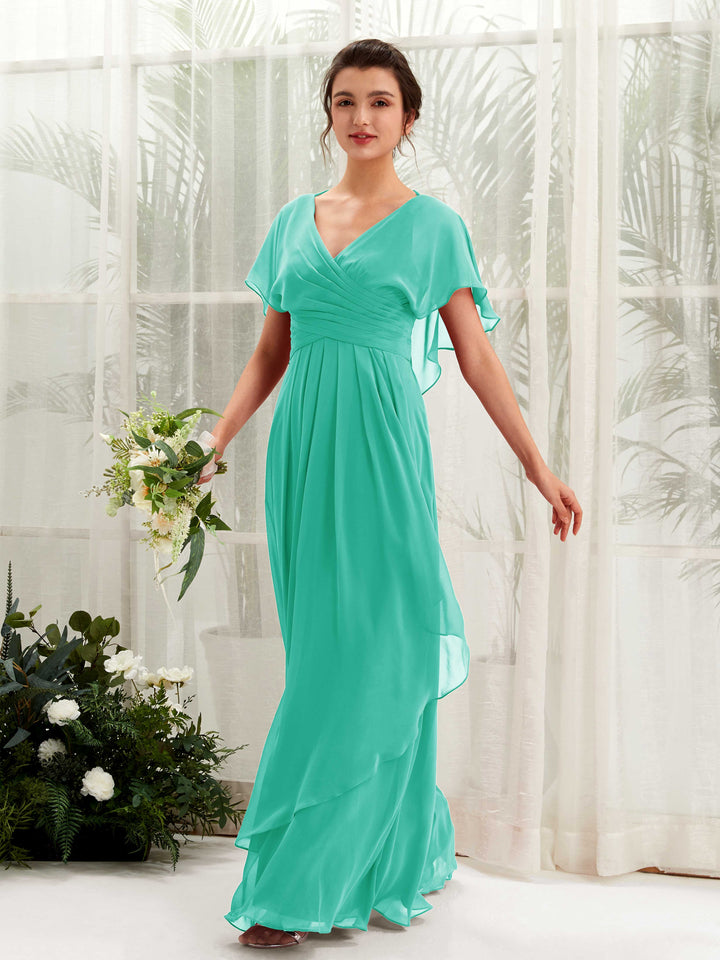 Carlyna Darlene A-Line Tiffany Bridesmaid Dress Maxi Short Sleeve V-Neck Dress 