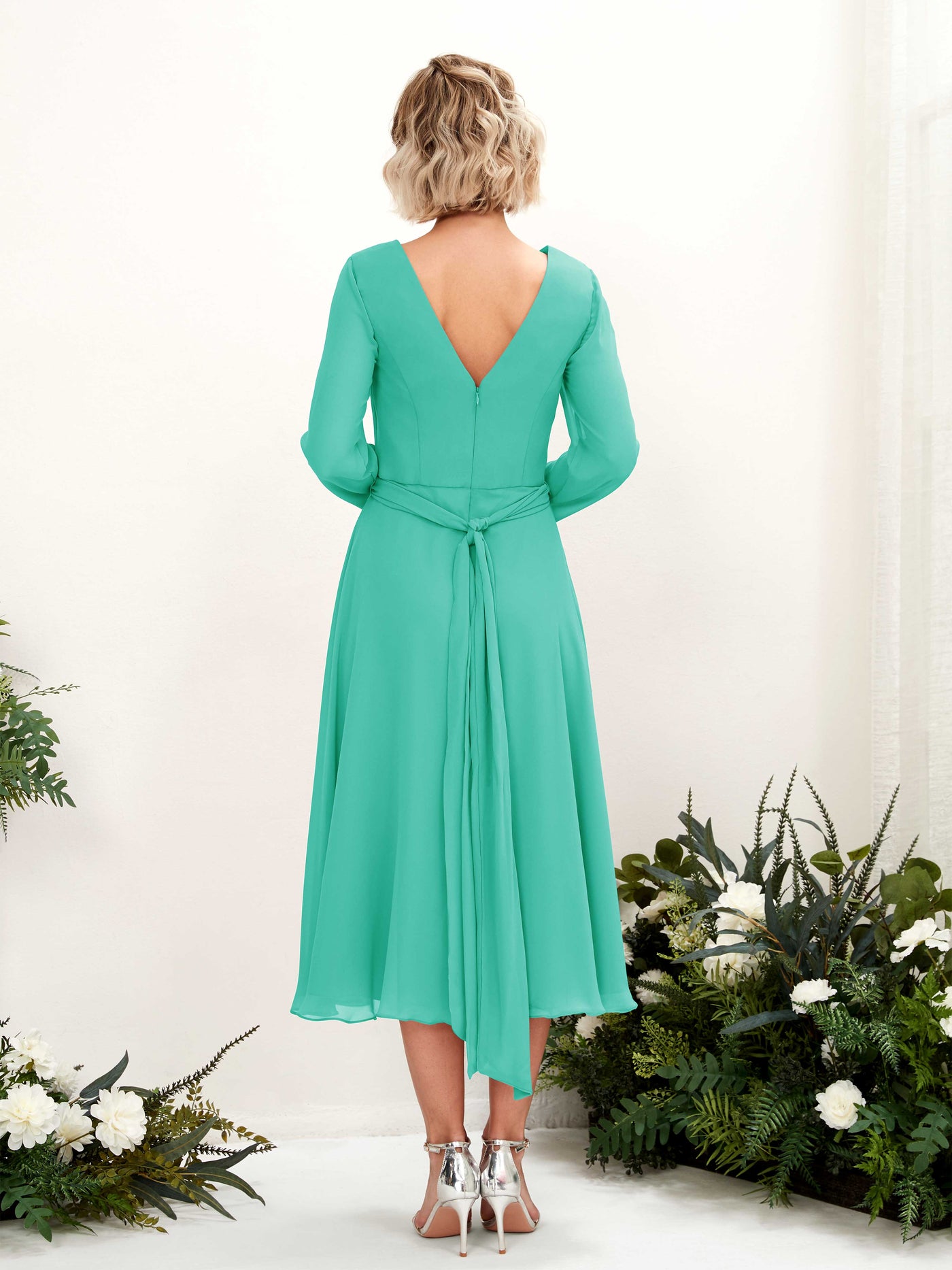 Carlyna Joanna A-Line Tiffany Bridesmaid Dress Midi Long Sleeve V-Neck  #color_tiffany