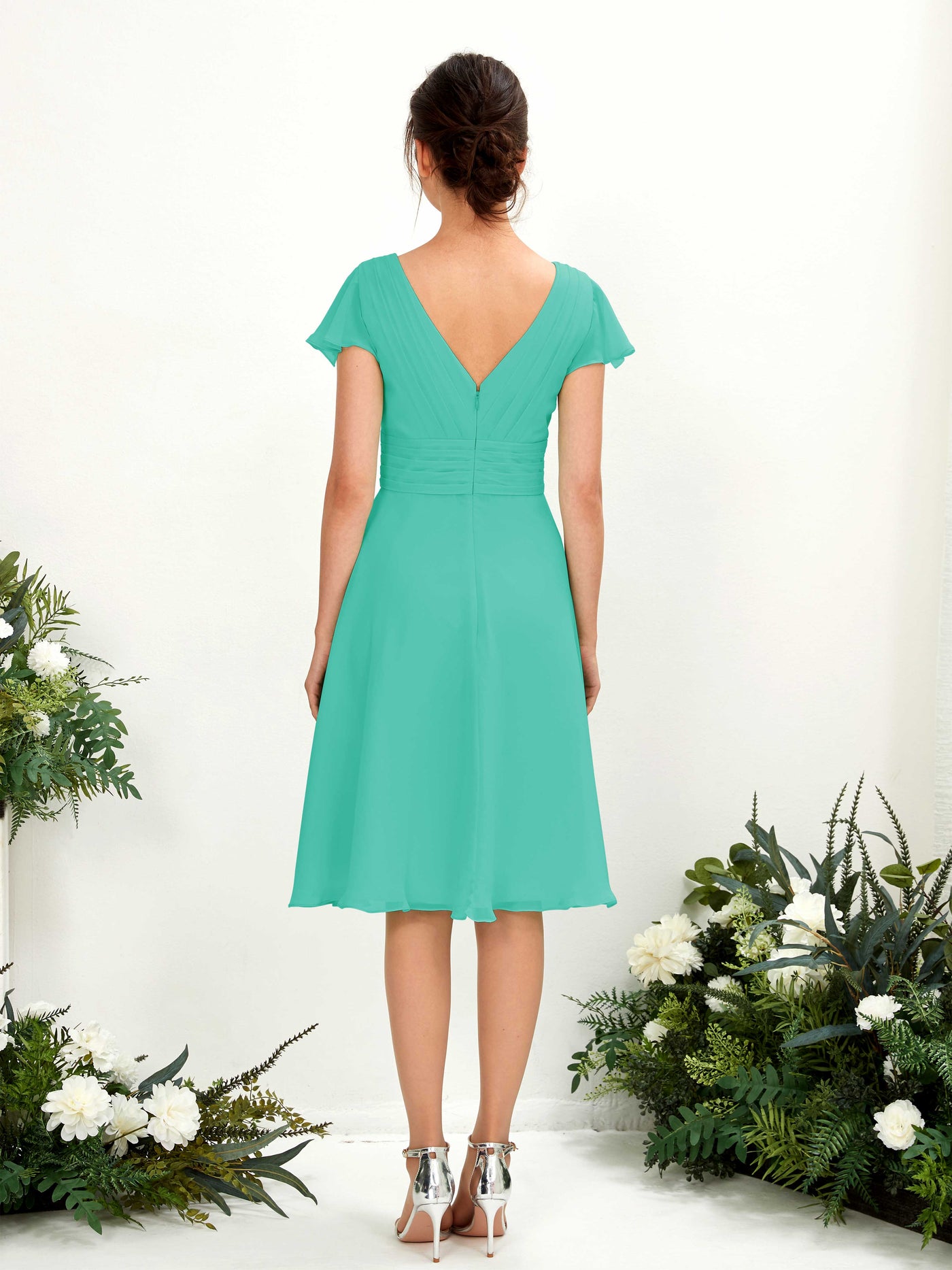 Carlyna Betty A-Line Tiffany Bridesmaid Dress Knee-Length Short Sleeve V-Neck Dress #color_tiffany