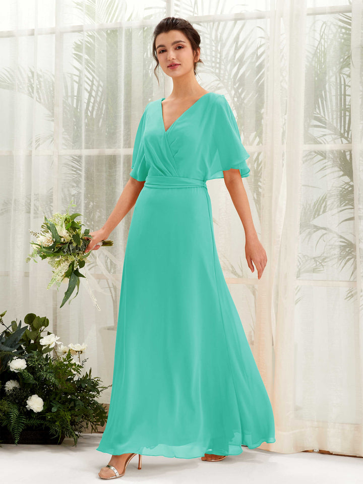 Carlyna Merta A-Line Tiffany Bridesmaid Dress Maxi Short Sleeve V-Neck Dress 