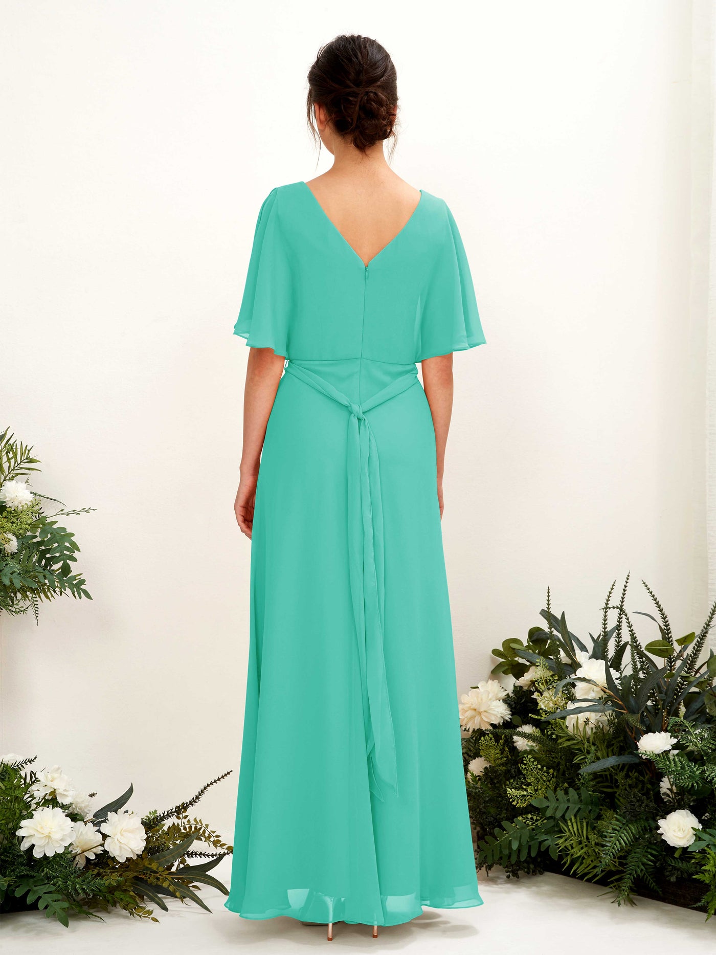 Carlyna Merta A-Line Tiffany Bridesmaid Dress Maxi Short Sleeve V-Neck Dress #color_tiffany