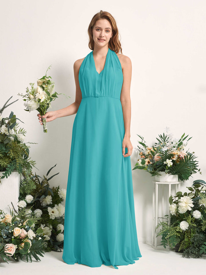 Bridesmaid Dress A-line Chiffon Halter Full Length Short Sleeves Wedding Party Dress - Turquoise (81226323)