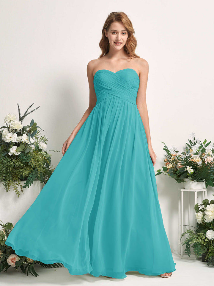 Bridesmaid Dress A-line Chiffon Sweetheart Full Length Sleeveless Wedding Party Dress - Turquoise (81226923)