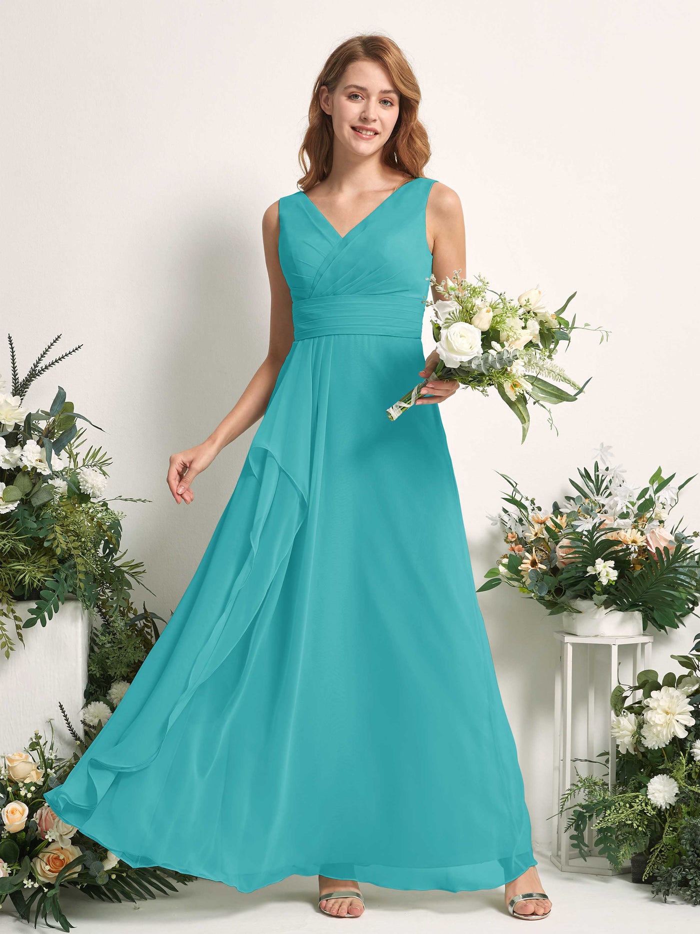 Bridesmaid Dress A-line Chiffon V-neck Full Length Sleeveless Wedding Party Dress - Turquoise (81227123)#color_turquoise