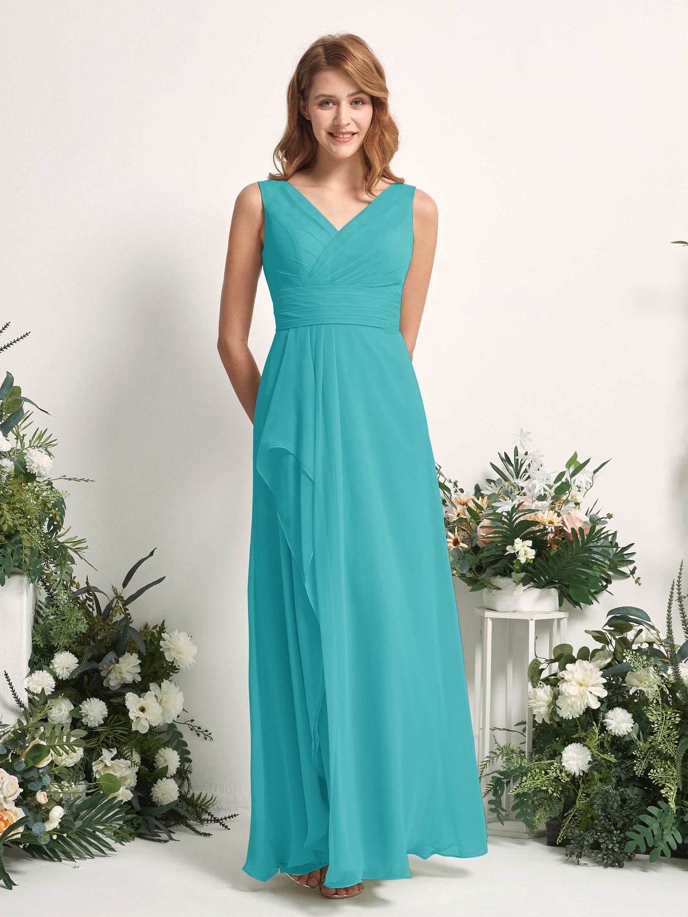 Carlyna Mollie A-Line Turquoise Bridesmaid Dress Maxi Sleeveless V-Neck Dress #color_turquoise