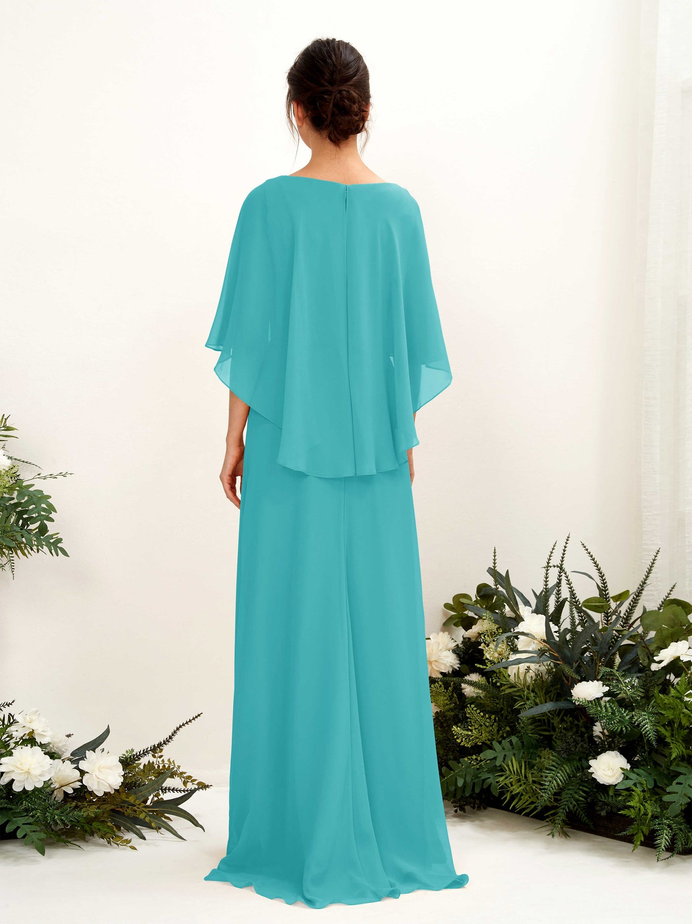 Carlyna Savin Sheath Turquoise Bridesmaid Dress Maxi Cap Sleeve Boat Neck Dress #color_turquoise