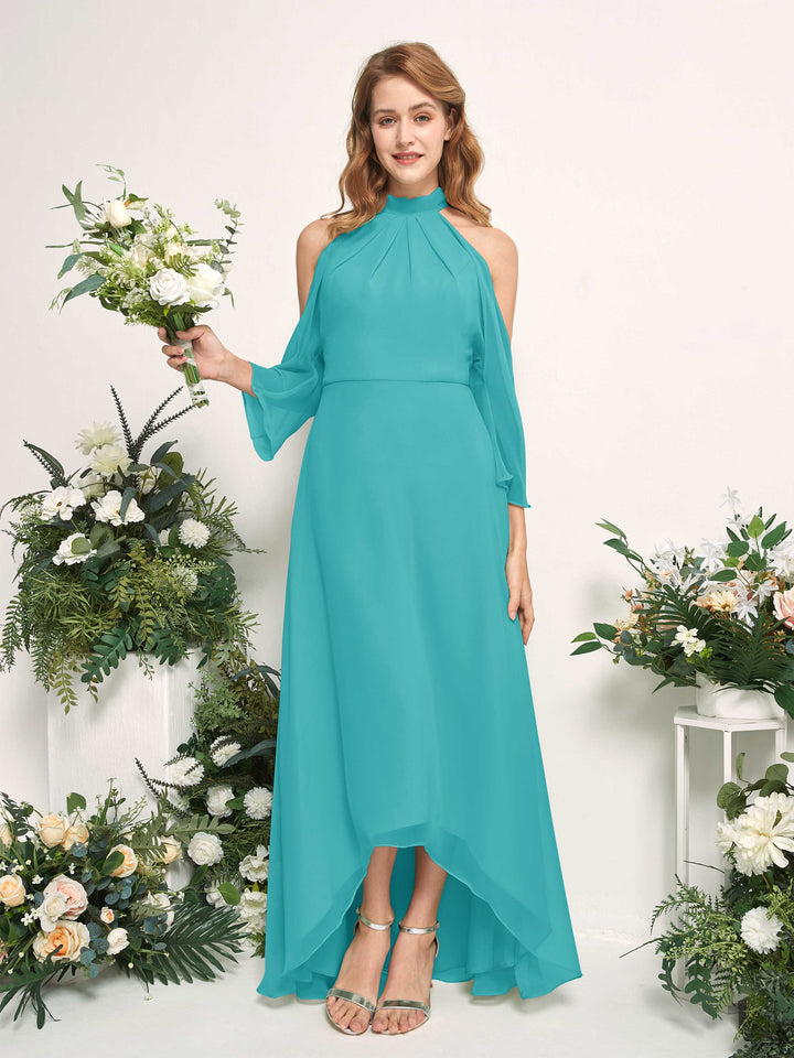 Bridesmaid Dress A-line Chiffon Halter High Low 3/4 Sleeves Wedding Party Dress - Turquoise (81227623)