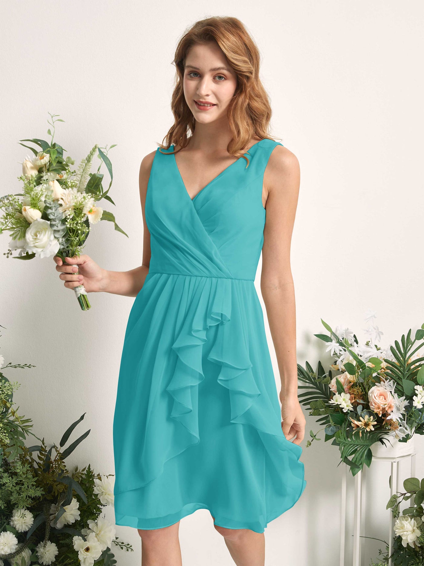 Bridesmaid Dress A-line Chiffon Straps Knee Length Sleeveless Wedding Party Dress - Turquoise (81226623)#color_turquoise