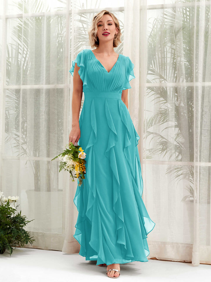 A-line V-neck Short Sleeves Chiffon Bridesmaid Dress - Turquoise (81226023)