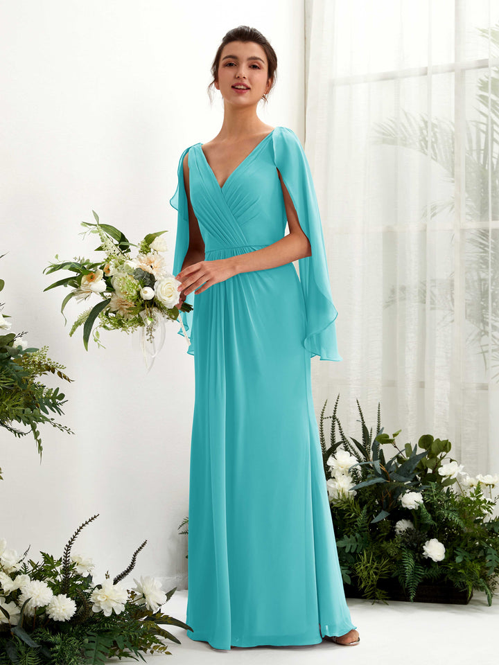 A-line V-neck Chiffon Bridesmaid Dress - Turquoise (80220123)