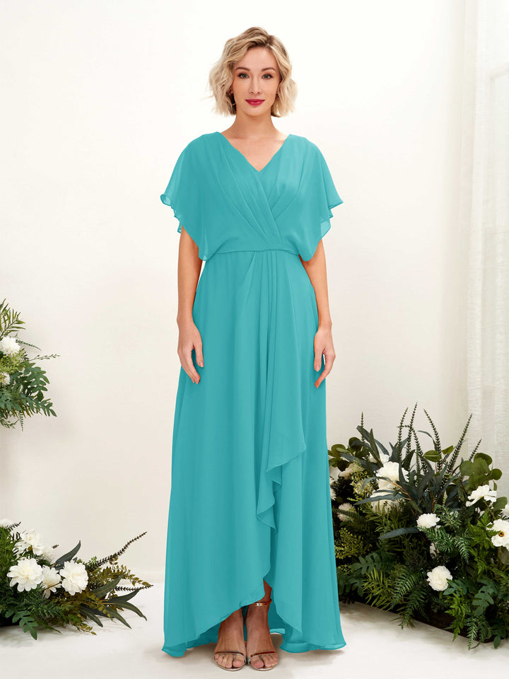 Carlyna Soleil A-Line Turquoise Bridesmaid Dress Maxi Short Sleeve V-Neck Dress 