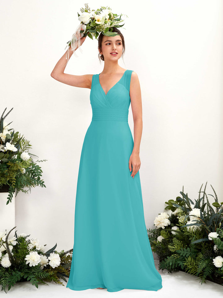 A-line V-neck Sleeveless Chiffon Bridesmaid Dress - Turquoise (81220923)