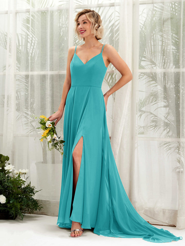 Ball Gown V-neck Sleeveless Bridesmaid Dress - Turquoise (81224123)