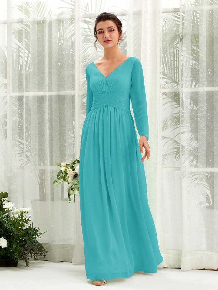 Ball Gown V-neck Long Sleeves Chiffon Bridesmaid Dress - Turquoise (81220323)