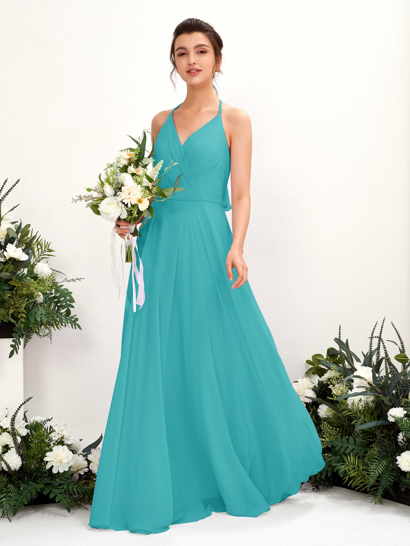 Halter V-neck Sleeveless Chiffon Bridesmaid Dress - Turquoise (81221023)#color_turquoise