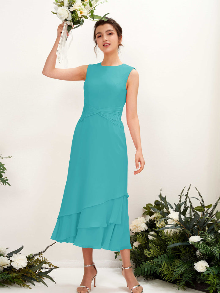 Mermaid/Trumpet Round Sleeveless Chiffon Bridesmaid Dress - Turquoise (81221923)