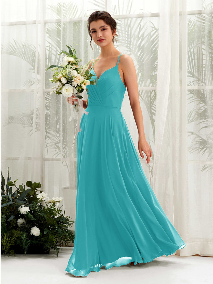 Spaghetti-straps V-neck Sleeveless Bridesmaid Dress - Turquoise (81224223)