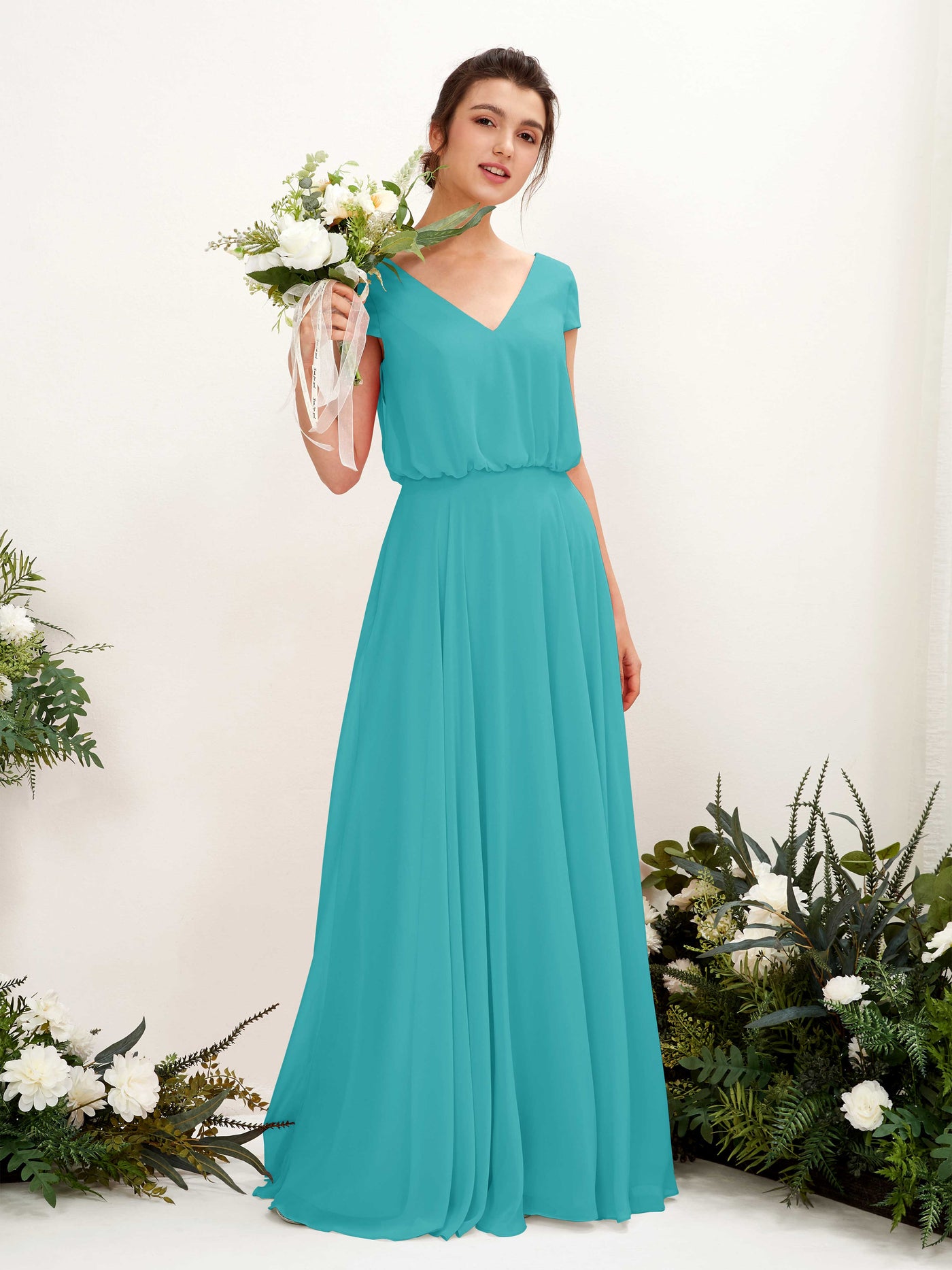 Carlyna Pauline A-Line Turquoise Bridesmaid Dress Maxi Cap Sleeve V-Neck Dress #color_turquoise