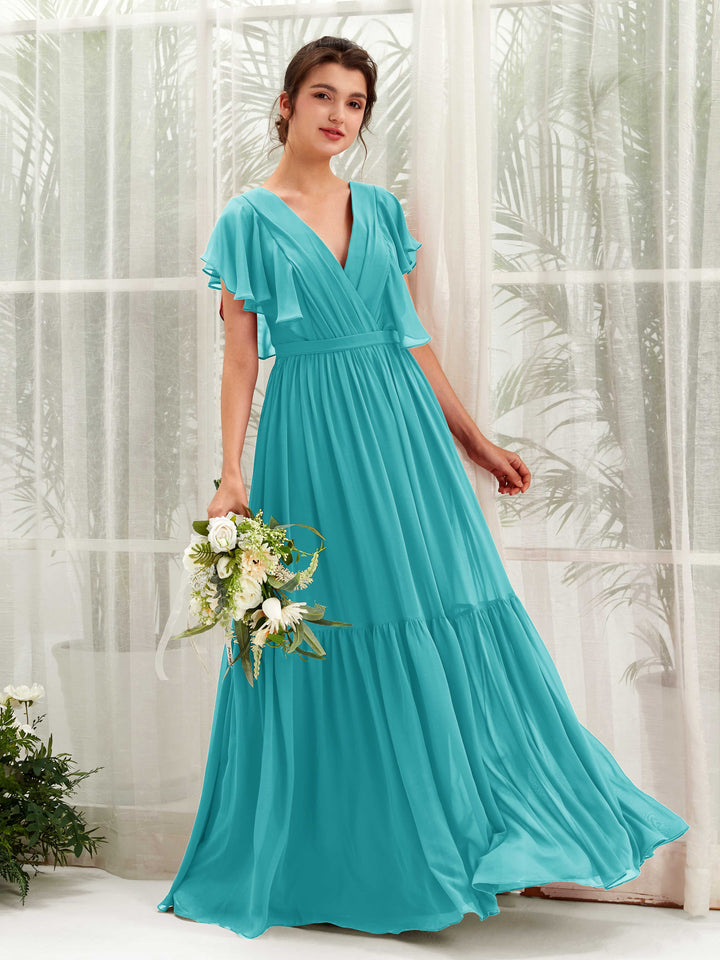 V-neck Cap Sleeves Chiffon Bridesmaid Dress - Turquoise (81225923)