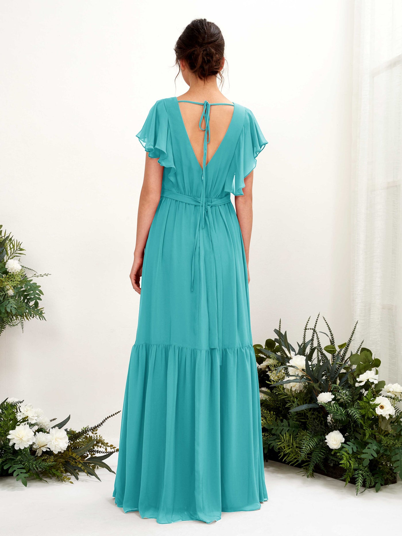 V-neck Cap Sleeves Chiffon Bridesmaid Dress - Turquoise (81225923)#color_turquoise